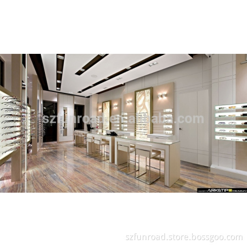 White wooden cash counter metal display racks and glass counter displays for optical store design